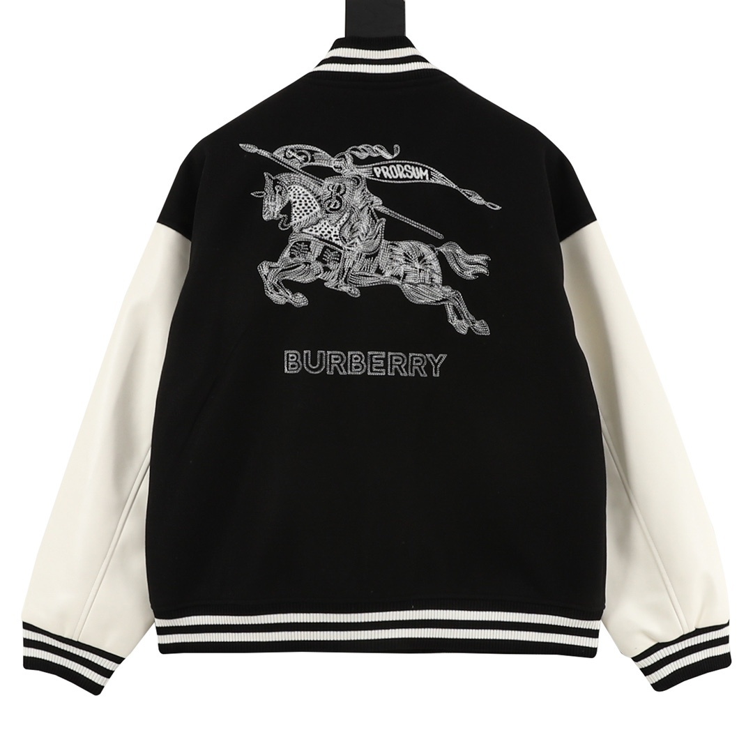 Embroidered leather-sleeved baseball jacket