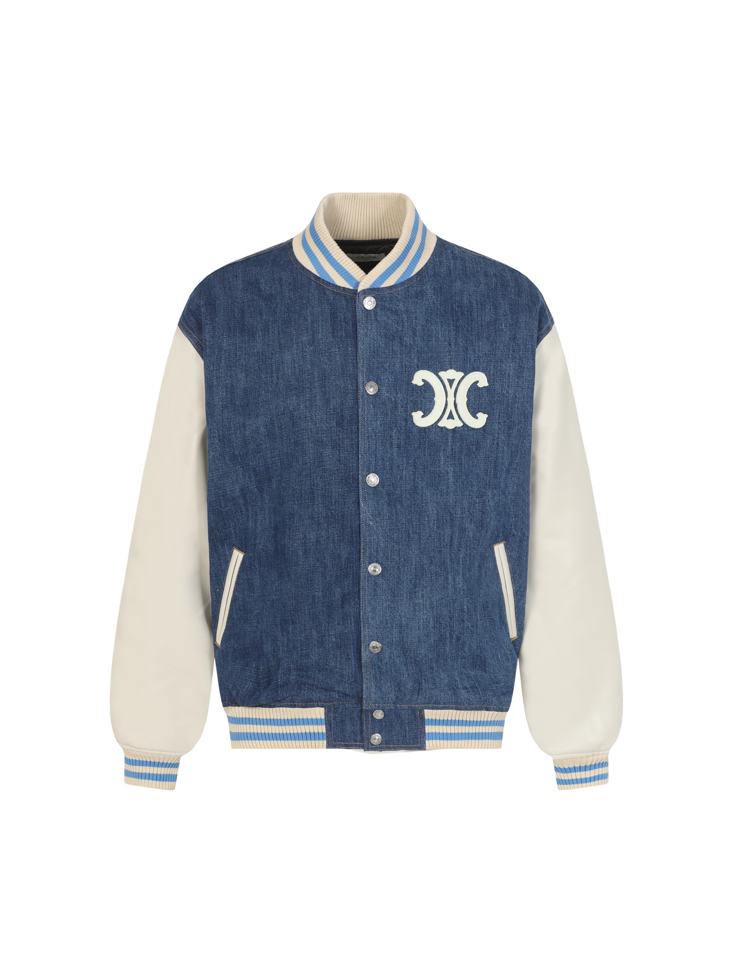 Washed denim patchwork baseball jacket