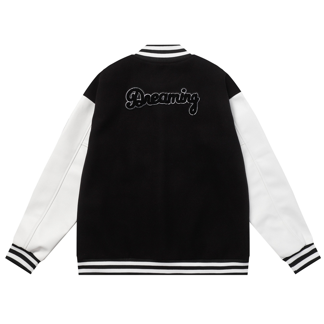 Leather-sleeved embroidered baseball jacket