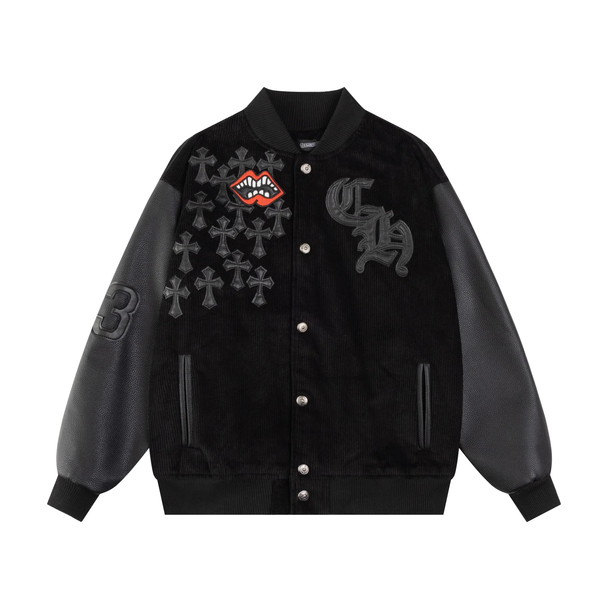 Embroidered leather baseball jacket