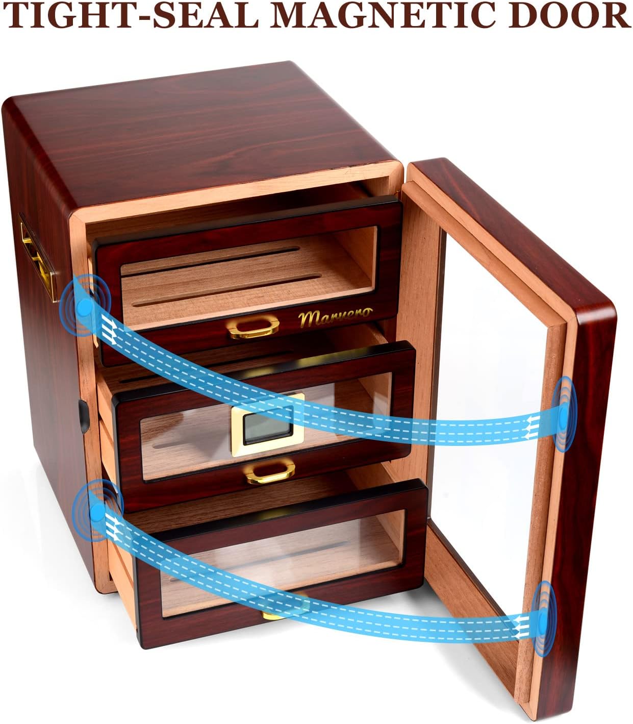 Marvero Cigar Humidors, Cedar Wood Humidor with Digital Hygrometer, Drawers, Humidifiers and Gold-plated Hardwares. cigar humidor cabinet for Men Husband Father, 150 Cigars Capacity Ebony Color