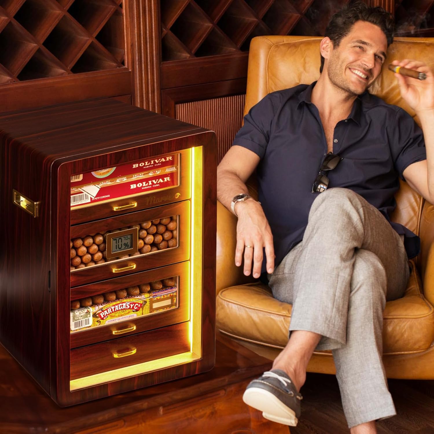 Desktop Cigar Humidor Cabinet with Triple-Sided Light, Digital Hygrometer, Humidifier and Humidity Packs. 4 Cedar Wood Drawers, Holds 200 Cigars