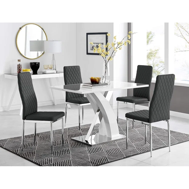 White High Gloss Dining Table Set with 4 Luxury Faux Leather Dining Chairs