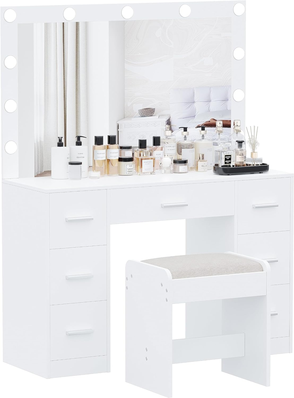 Dressing table with stool, dressing table with illuminated mirror, 3 color lighting modes, adjustable brightness, dressing table