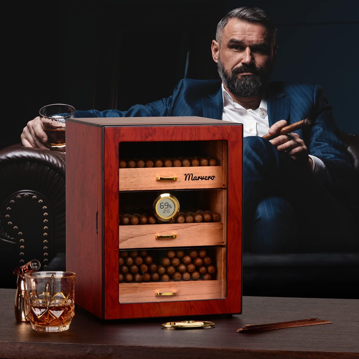 Marvero Cigar Humidors, Cedar Wood Humidor with Digital Hygrometer, Drawers, Humidifiers and Gold-Plated Hardwares. Cigar humidor Cabinet for Men Husband Father, 150 Cigars Capacity Rosewood Color