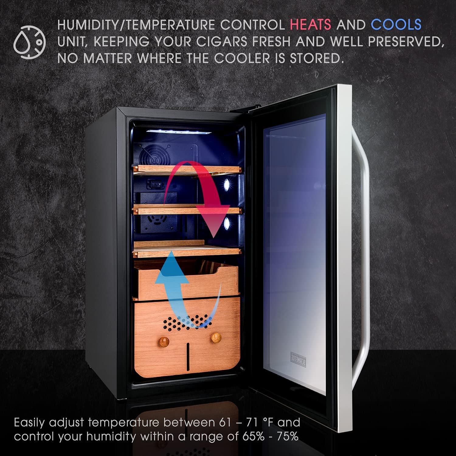 SCHMÉCKÉ 250 Cigar Cooler Humidor with 3 in 1 Precise Cooling, Heating & Humidity Control, Stainless Steel Trim Finish Cabinet, Spanish Cedar Wood Shelves and Drawer with Built in Digital Hygrometer