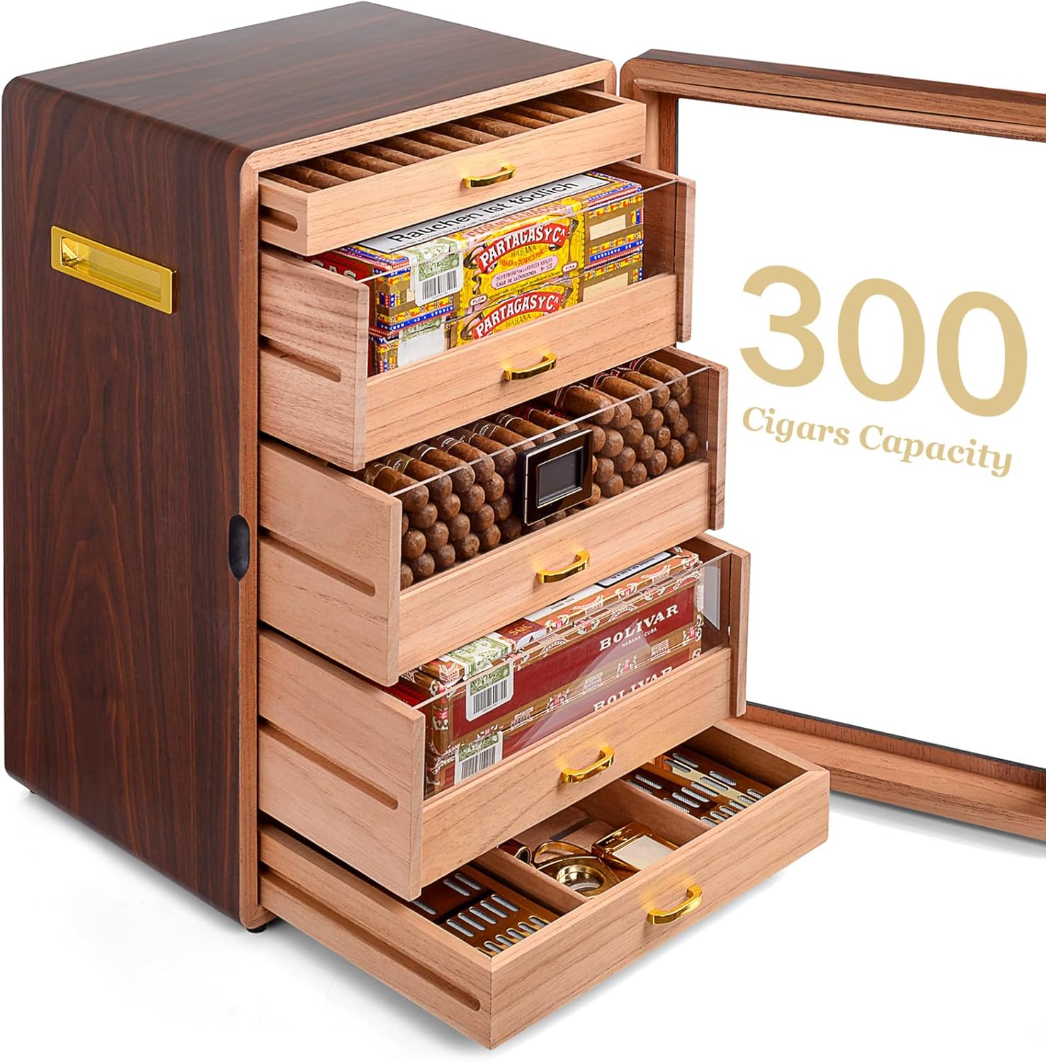 Marvero Cigar Humidors, Cedar Wood Humidor with Digital Hygrometer, Drawers, Humidifiers and Gold-Plated Hardwares. Cigar humidor Cabinet for Men Husband Father, 300 Cigars Capacity Walnut Color