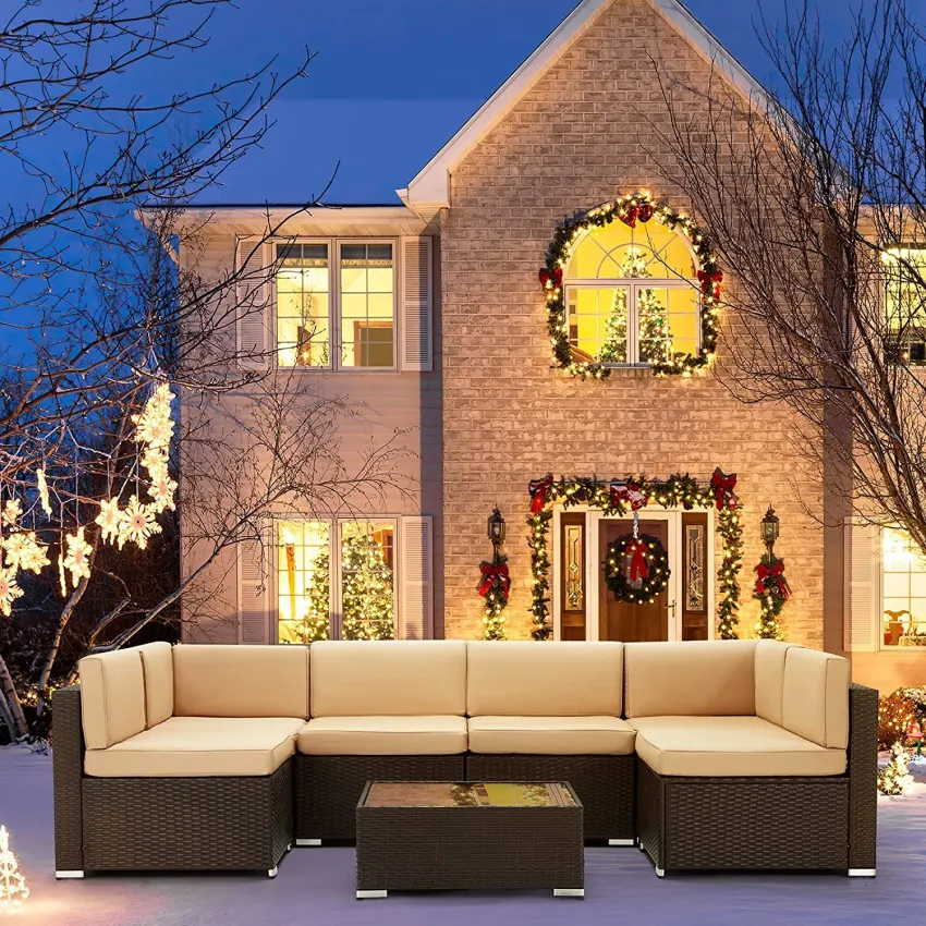 U-MAX 7 Piece Outdoor Patio Furniture Set, PE Rattan Wicker Sofa Set, Outdoor Sectional Furniture Chair Set with Khaki Cushions and Tea Table