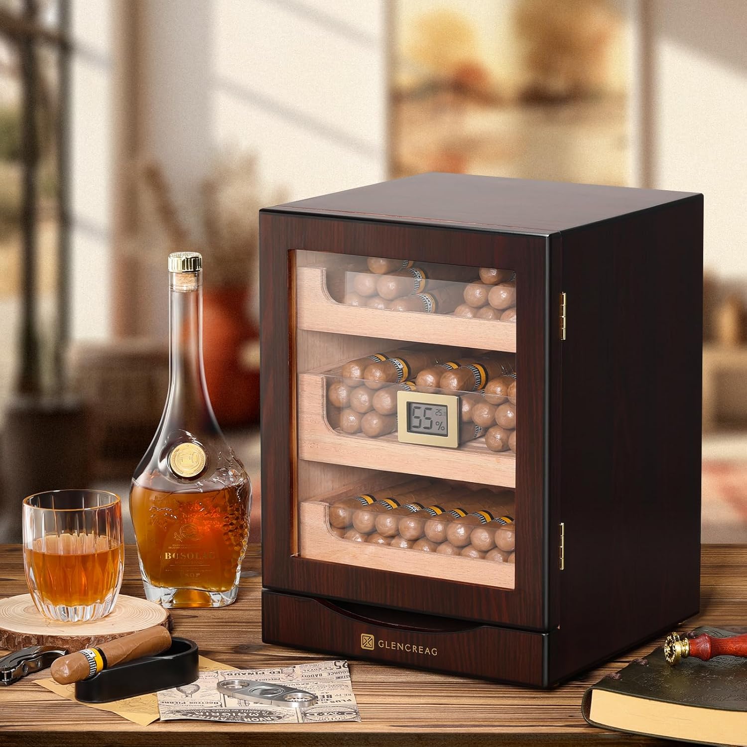 GLENCREAG MET-1031 Cigar Humidor Cabinet for 150 Cigars with Spanish Cedar Lining, Tight-Seal Magnetic Door, 3+1 Large Capacity Drawers, Gift for Cigar Lover (Reddish Brown)