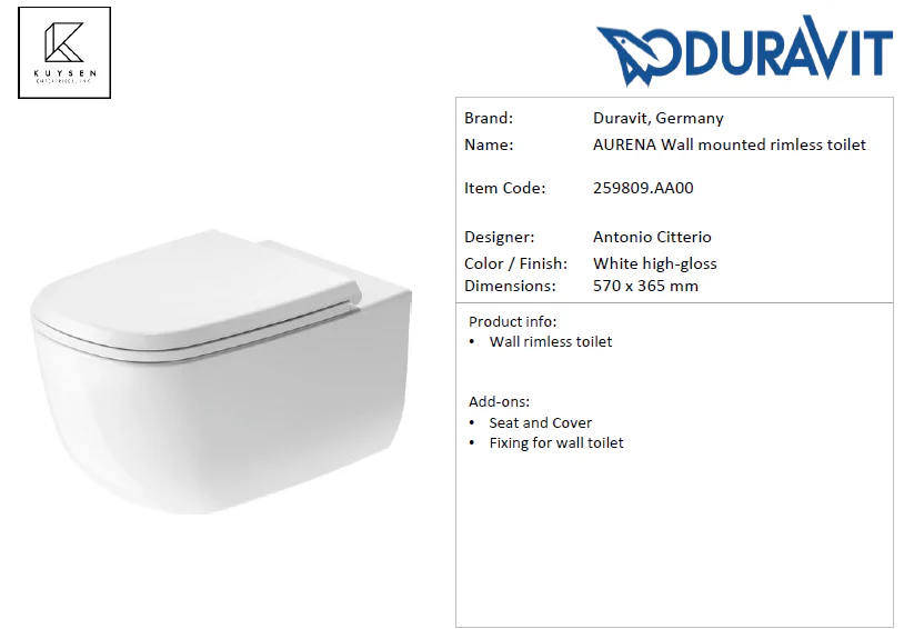 Duravit AURENA Wall mounted rimless toilet White high-gloss 259809.AA00