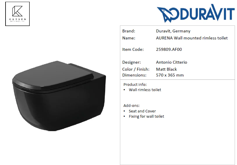 Duravit AURENA Wall mounted rimless toilet Matt Black 259809.AF00