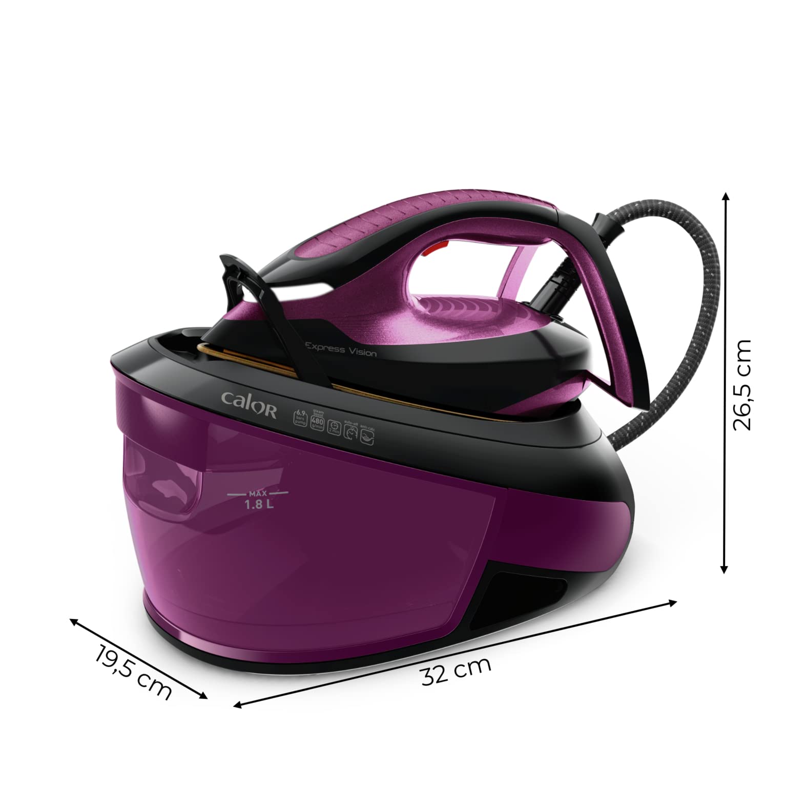 Calor Steam generator, 6.9 bars, Steam flow 130 g/min, Steaming function 480 g/min, 1.8 L tank, Led Vision, Limescale collector, Made in France, Purple/Black SV8152C0