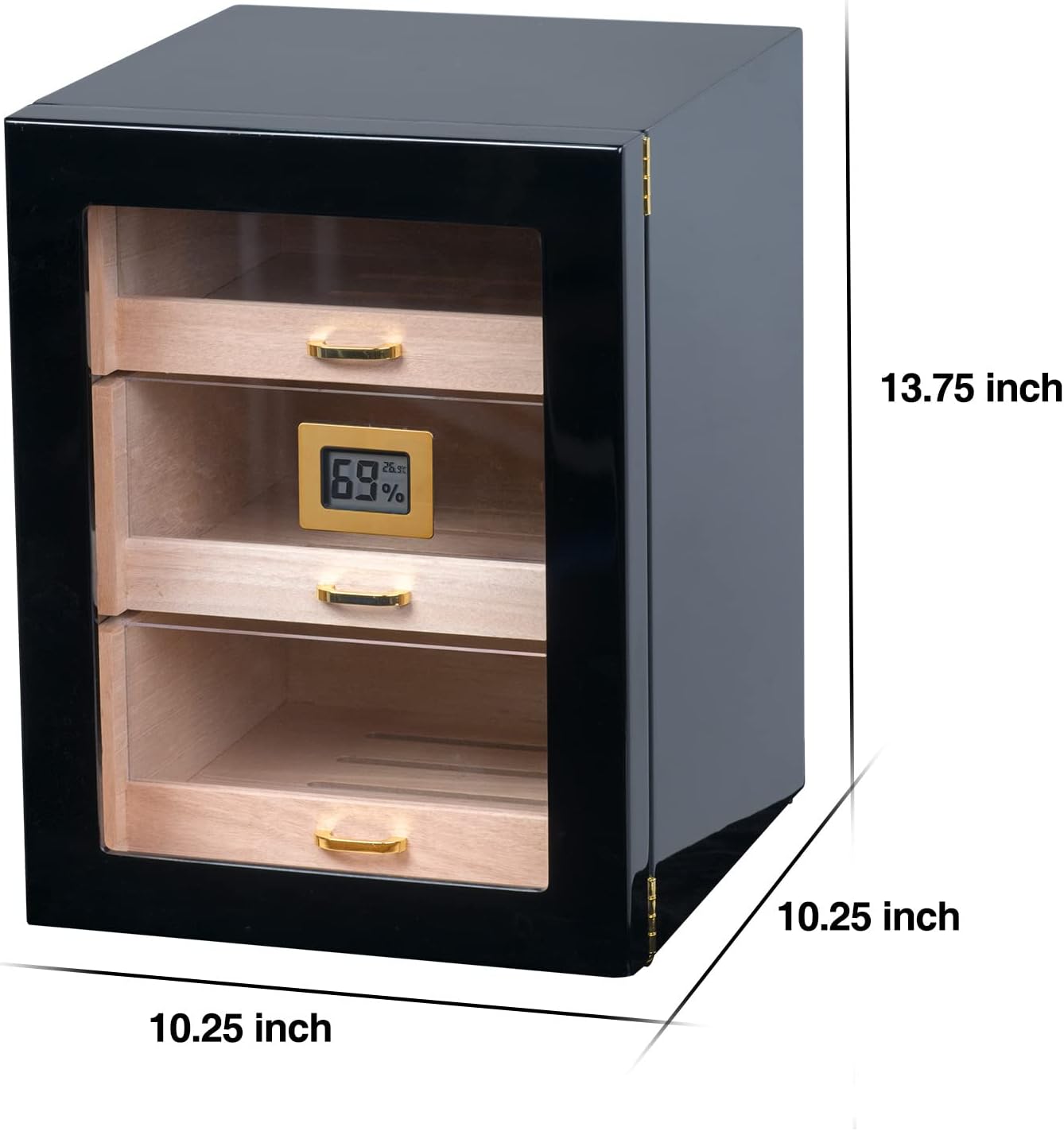 Woodronic Cigar Humidor Cabinet for 150 Counts with Spanish Cedar Lining, Crystal Gel Humidifiers, Digital Hygrometer & Larger Drawers, Polished Piano Black, Desktop Cigar Gift for Fathers