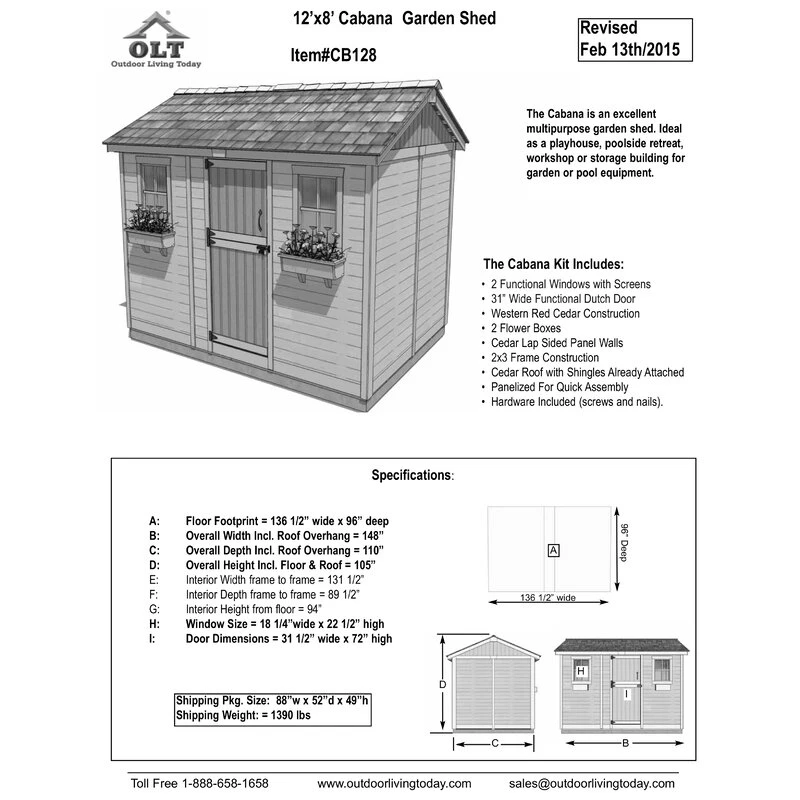 Cabana 12 ft. W x 8 ft. D Wood Storage Shed