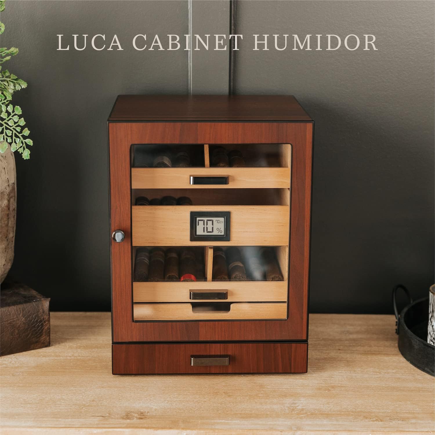 Luca Humidor Cabinet Rich Brown Walnut Finish Large Size, Cigar Storage for 80-100 Cigars, Digital Hygrometer, Spanish Cedar, Hydro System Humidor Cabinet, Accessory Drawer, PEG System