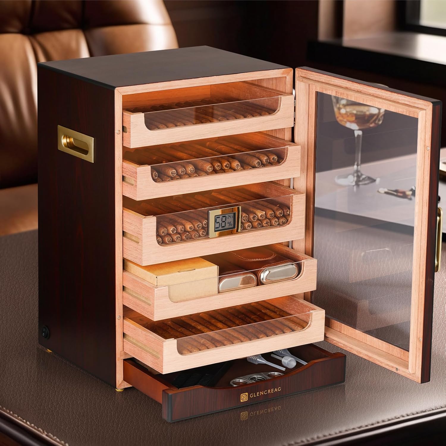 GLENCREAG Cigar Humidor Cabinet with Automatic LED Light, Extra Large Size for 250 Cigars, Spanish Cedar Lining, Tight-Seal Magnetic Door, Adjustable Hygrometer, Gift for Cigar Lover