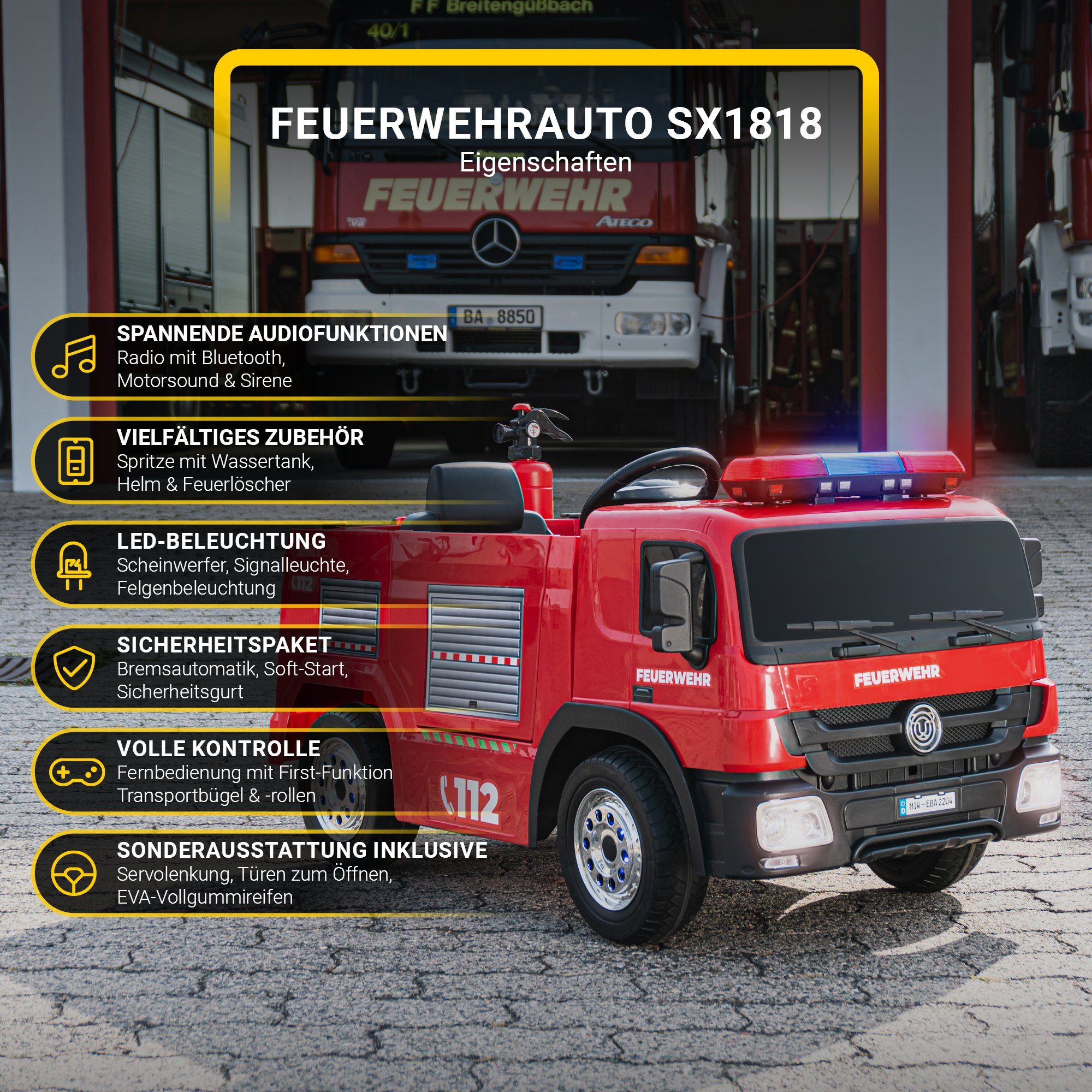 Actionbikes Motors Elektro-Kinderauto Kinder Auto Feuerwehr SX1818 Elektro - Fernbedienung - Wasserspritze, Belastbarkeit 40 kg, (4-tlg), Kinder Fahrzeug Spielzeug ab 3 Jahre elektrisch - Sirene & Bluetooth