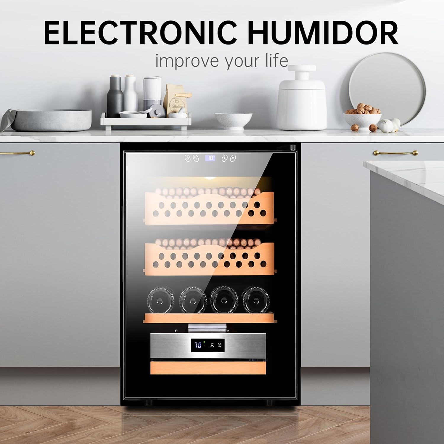 Electric Cigar Humidors 50L Temperature & Humidity Controllable Cigar Cabinet with Cedar Wood 3 Layers Gifts for Men (3 Layers 200 Capacity)