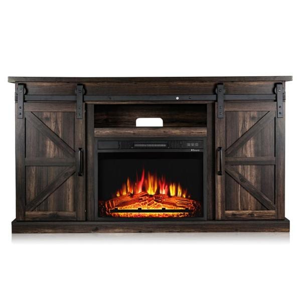 Fireside 48 in. Wooden Electric Fireplace TV Stand in Rustic Brown, with Sliding Barn Door, Entertainment Center