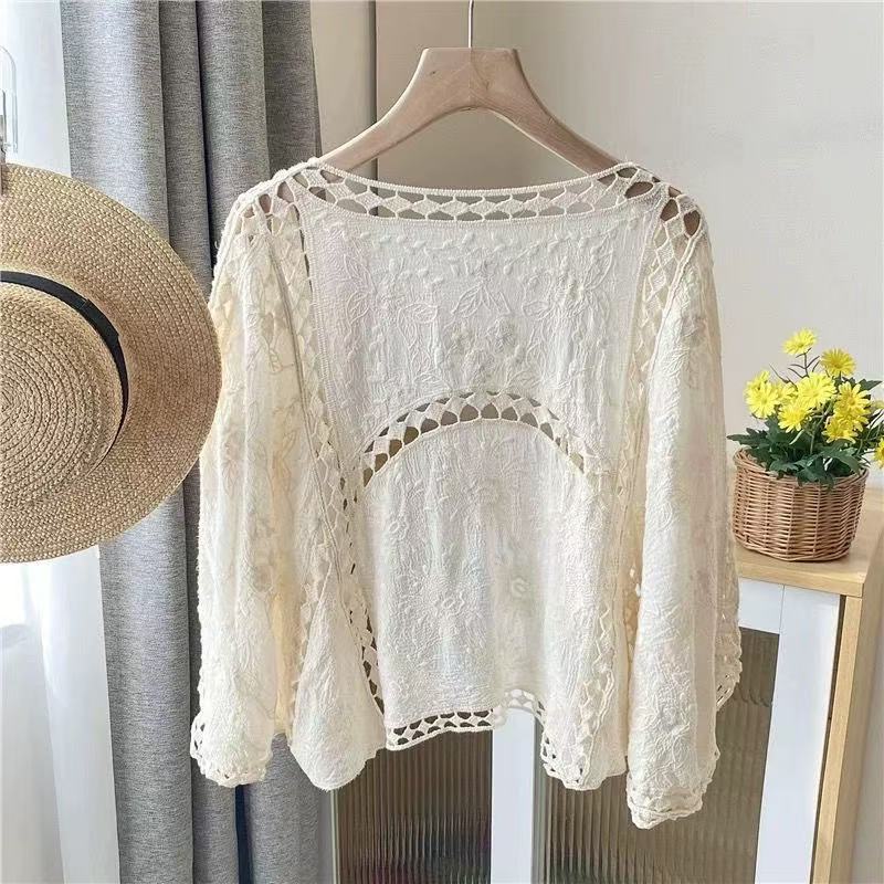 Lace Crochet Beach Sun Protection Top with Three-Quarter Sleeves