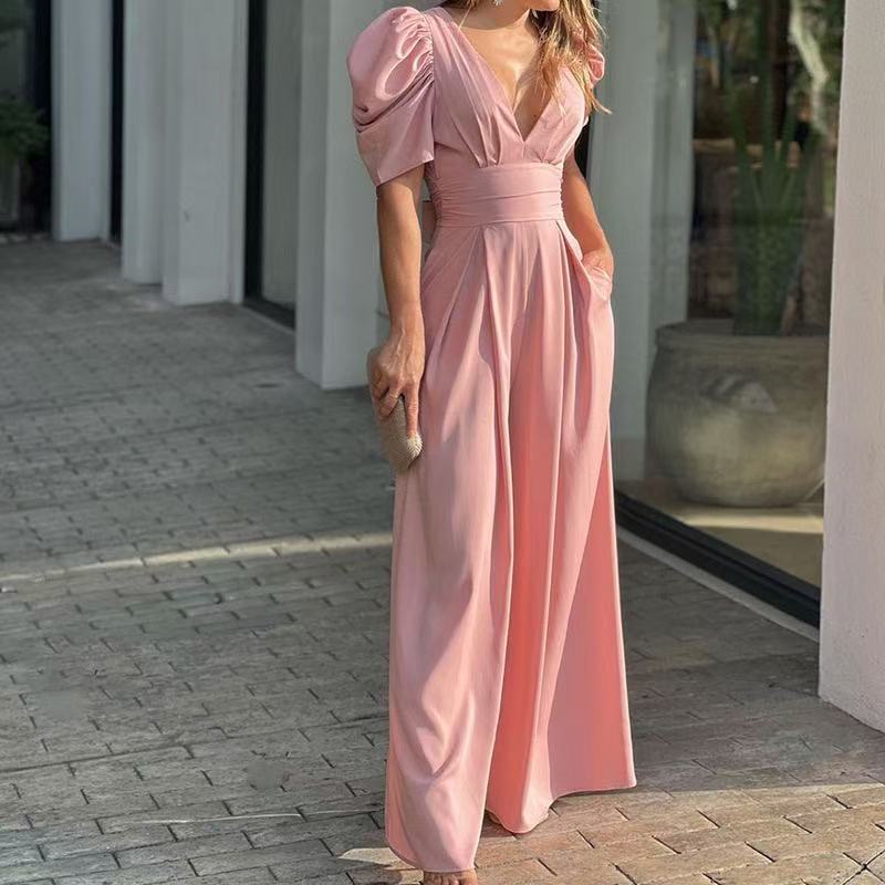 Fashionable and Elegant Pleated Sexy V-Neck High-Waist Jumpsuit