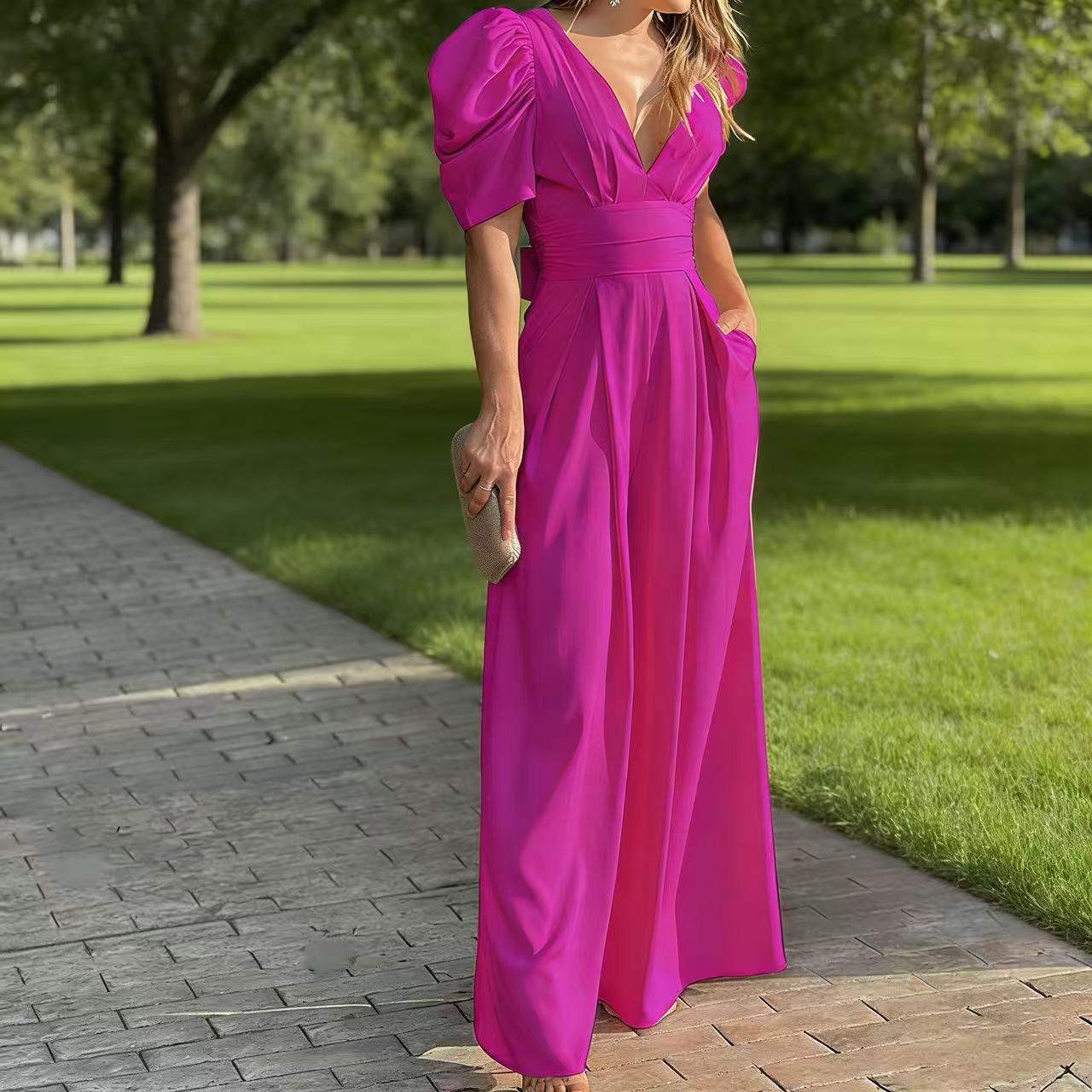 Fashionable and Elegant Pleated Sexy V-Neck High-Waist Jumpsuit