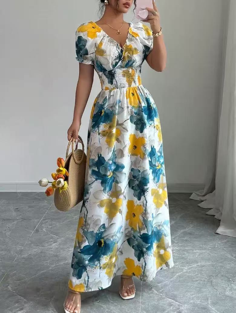 Bubble Sleeve V-Neck Flutter Sleeve Printed Casual Maxi Dress