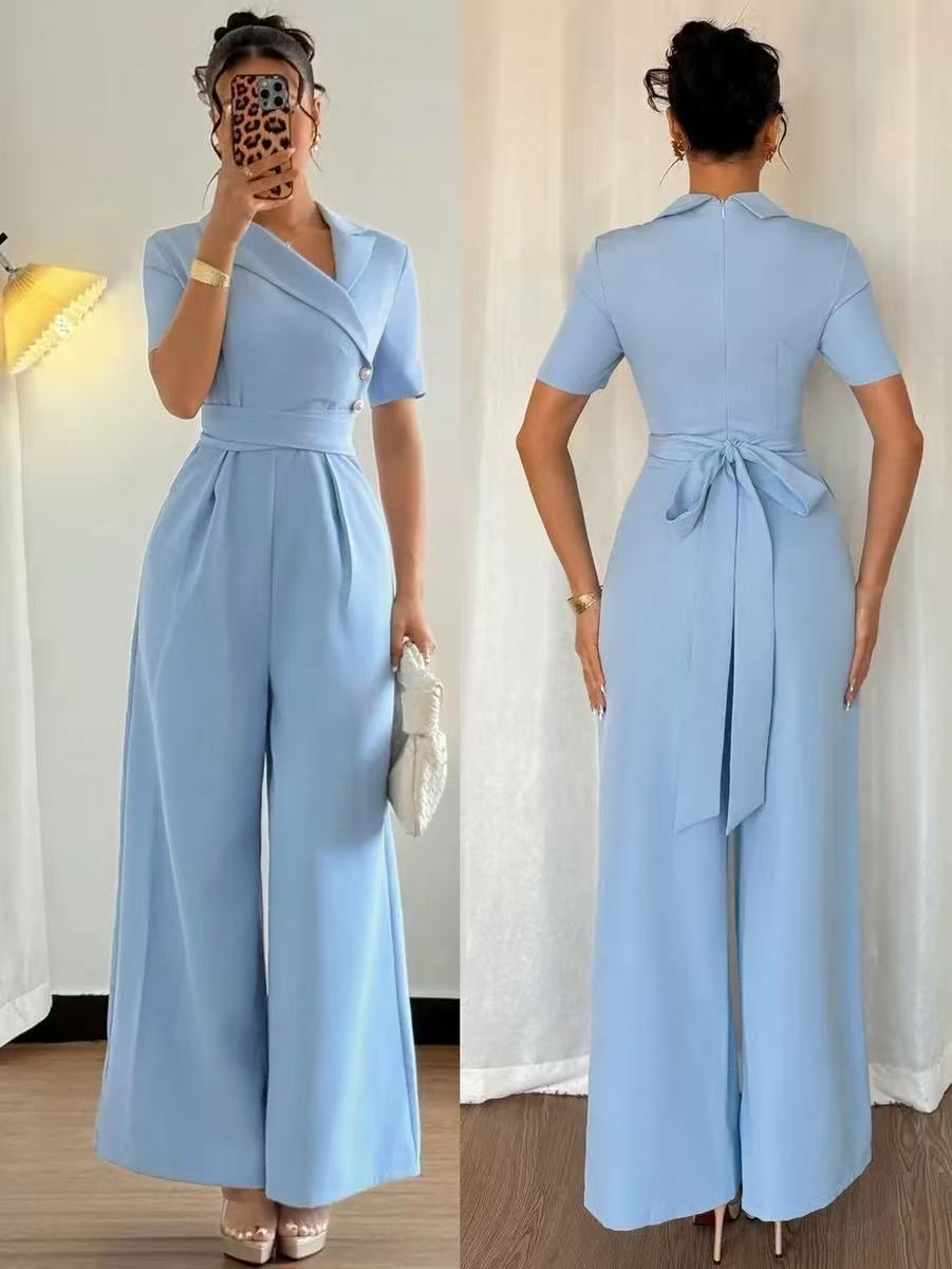 Elegant Blue Asymmetric Neck Belted Slim Jumpsuit