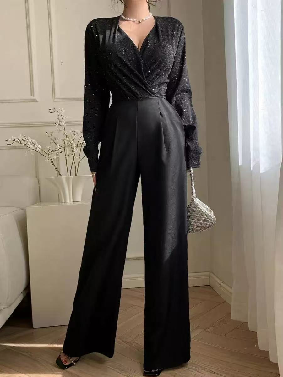 Elegant Solid Color Long Sleeve V-Neck Waist-Cinch Wide-Leg Jumpsuit