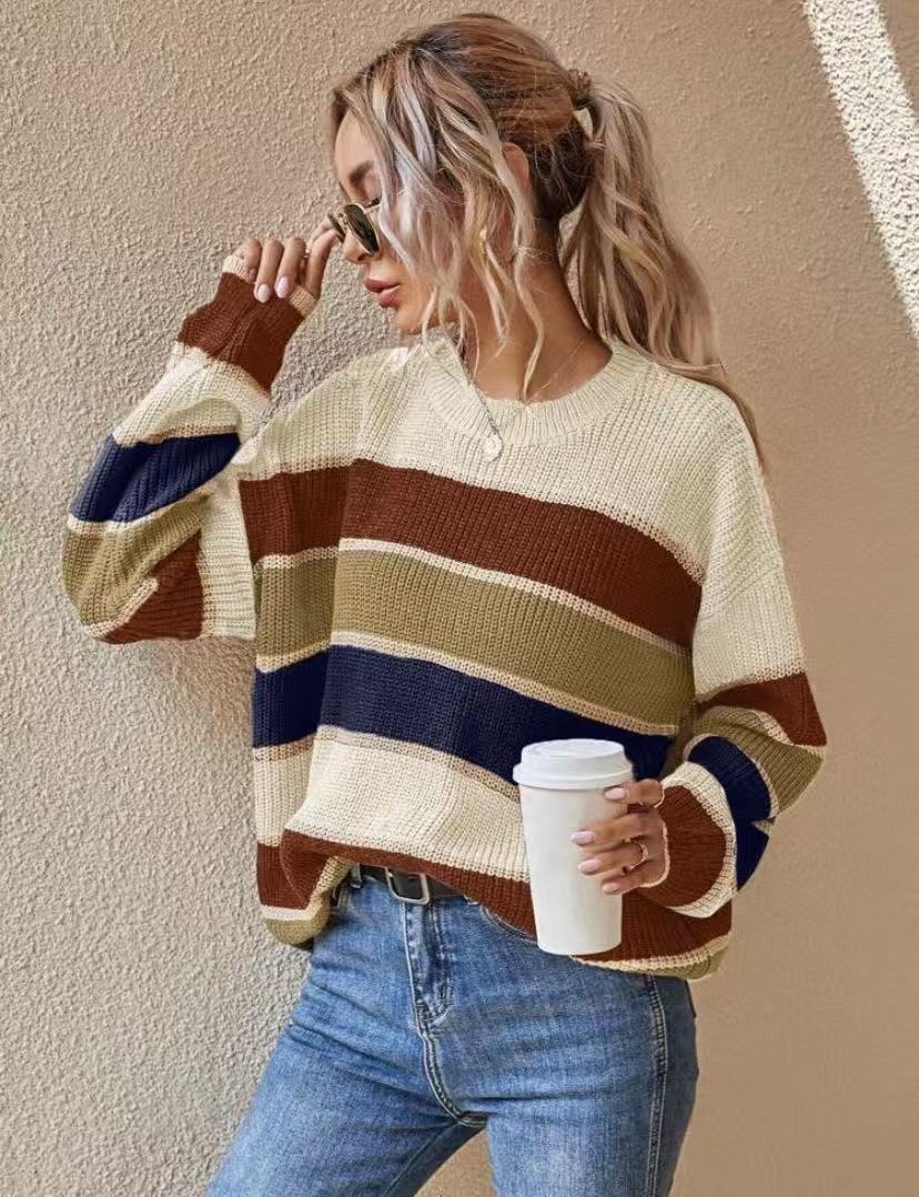 Crewneck sweater, lazy and loose, classic striped long sleeves