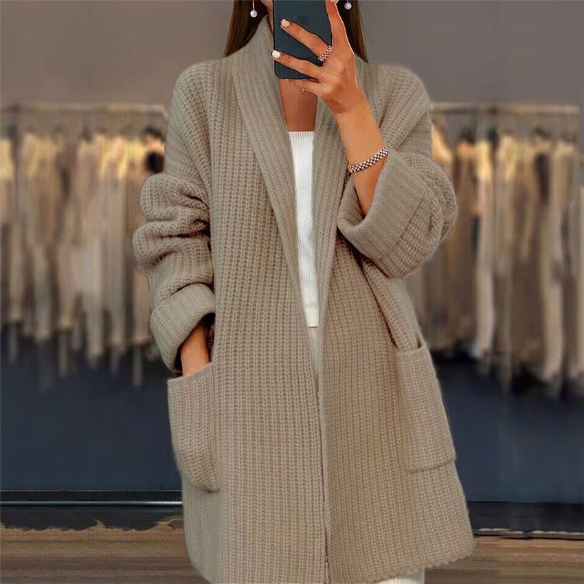 Thickened Solid Color V-Neck Knitted Cardigan Loose Jacket