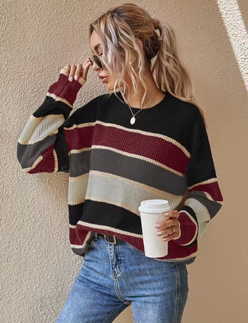 Crewneck sweater, lazy and loose, classic striped long sleeves