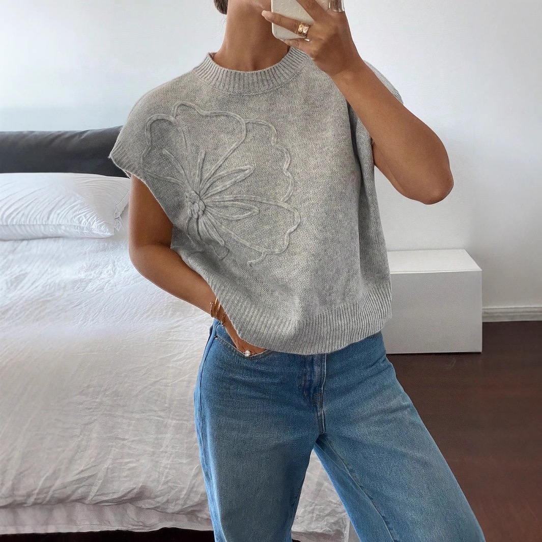 Slim-fit Solid Color Printed Women's Knitted Elegant Top