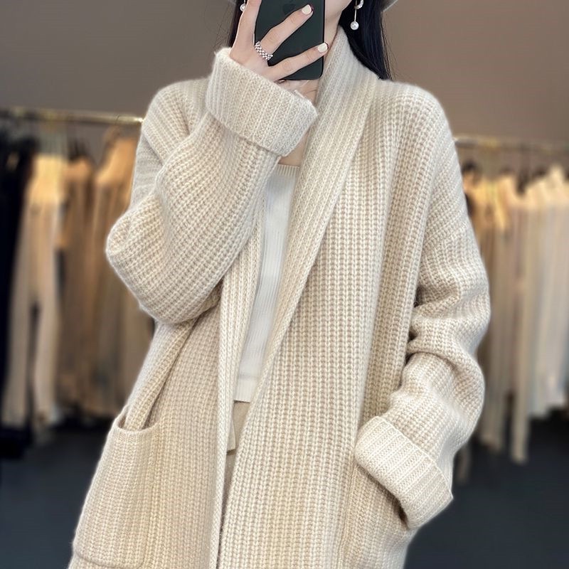 Thickened Solid Color V-Neck Knitted Cardigan Loose Jacket