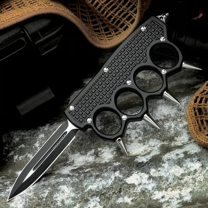 Spiked OTF Knuckle Knife - D2 Steel Blade, Aircraft Aluminum, Glass Breaker & Pocket Clip