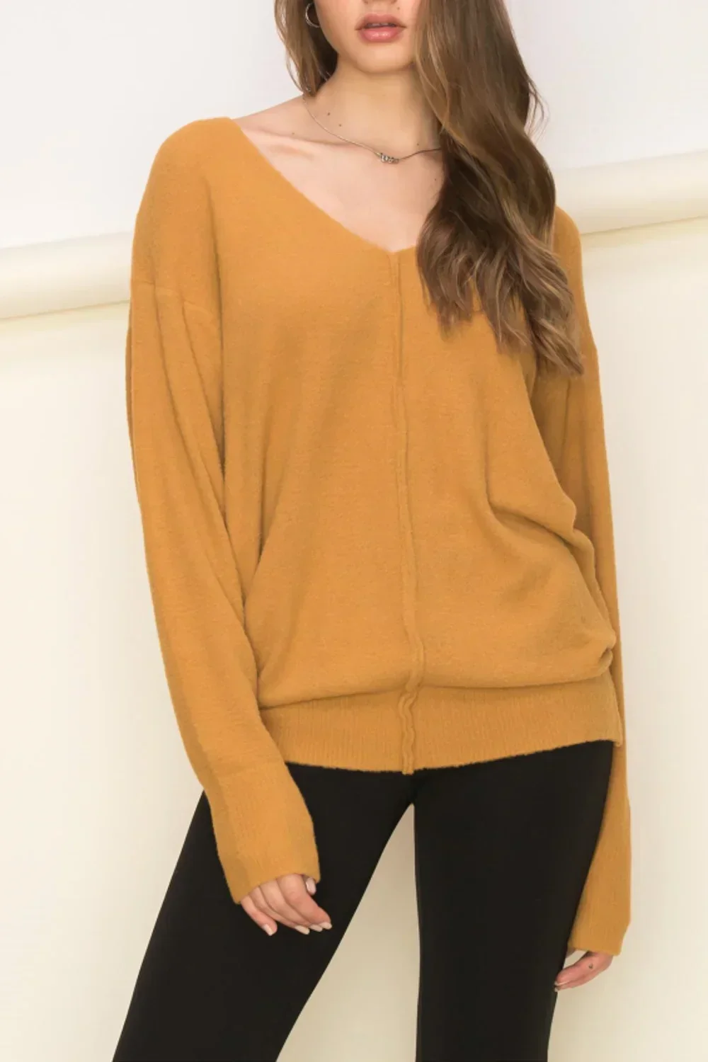 Cozy V-Neck Soft Knit Center Seam Detail Relaxed Fit Long Sleeve Pullover Sweater