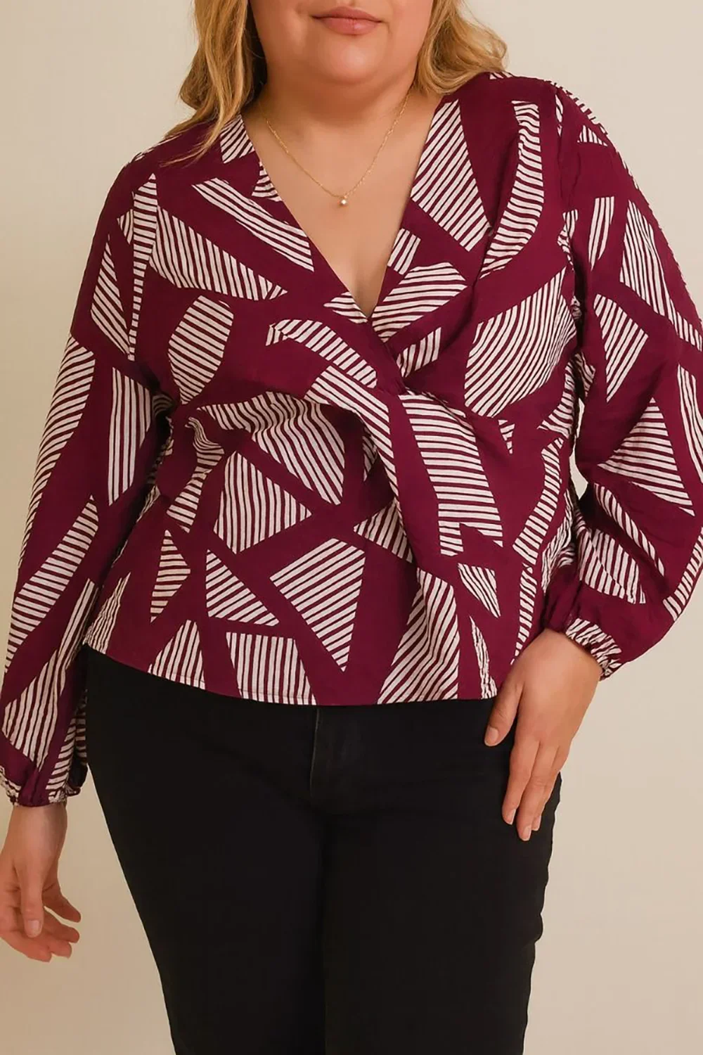 Plus Size Geometric Print Long Sleeve Surplice Peplum Top