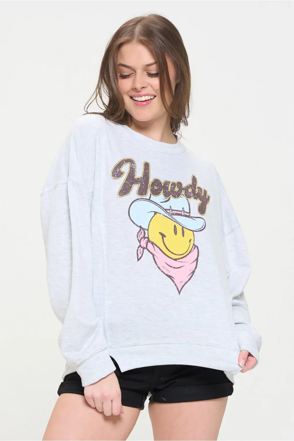 Plus Size Howdy Smiley Face Graphic Oversized Crew Neck Casual Pullover Sweatshirt