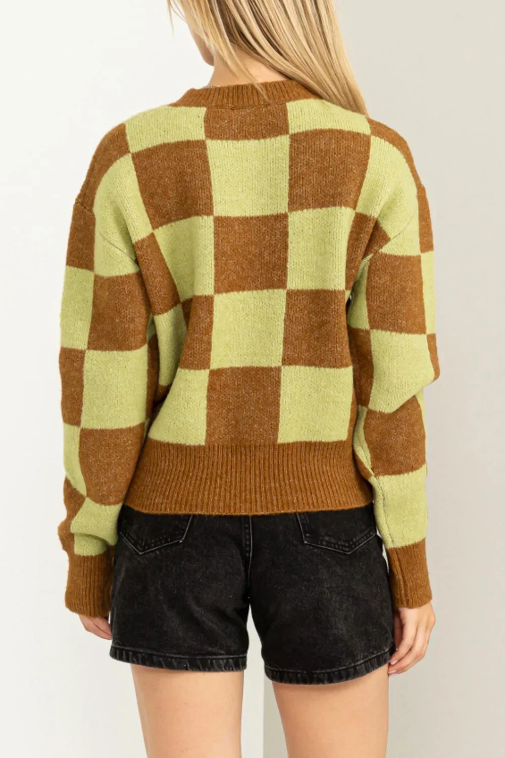 Retro Checkerboard Soft Knit Crew Neck Cropped Pullover Sweater