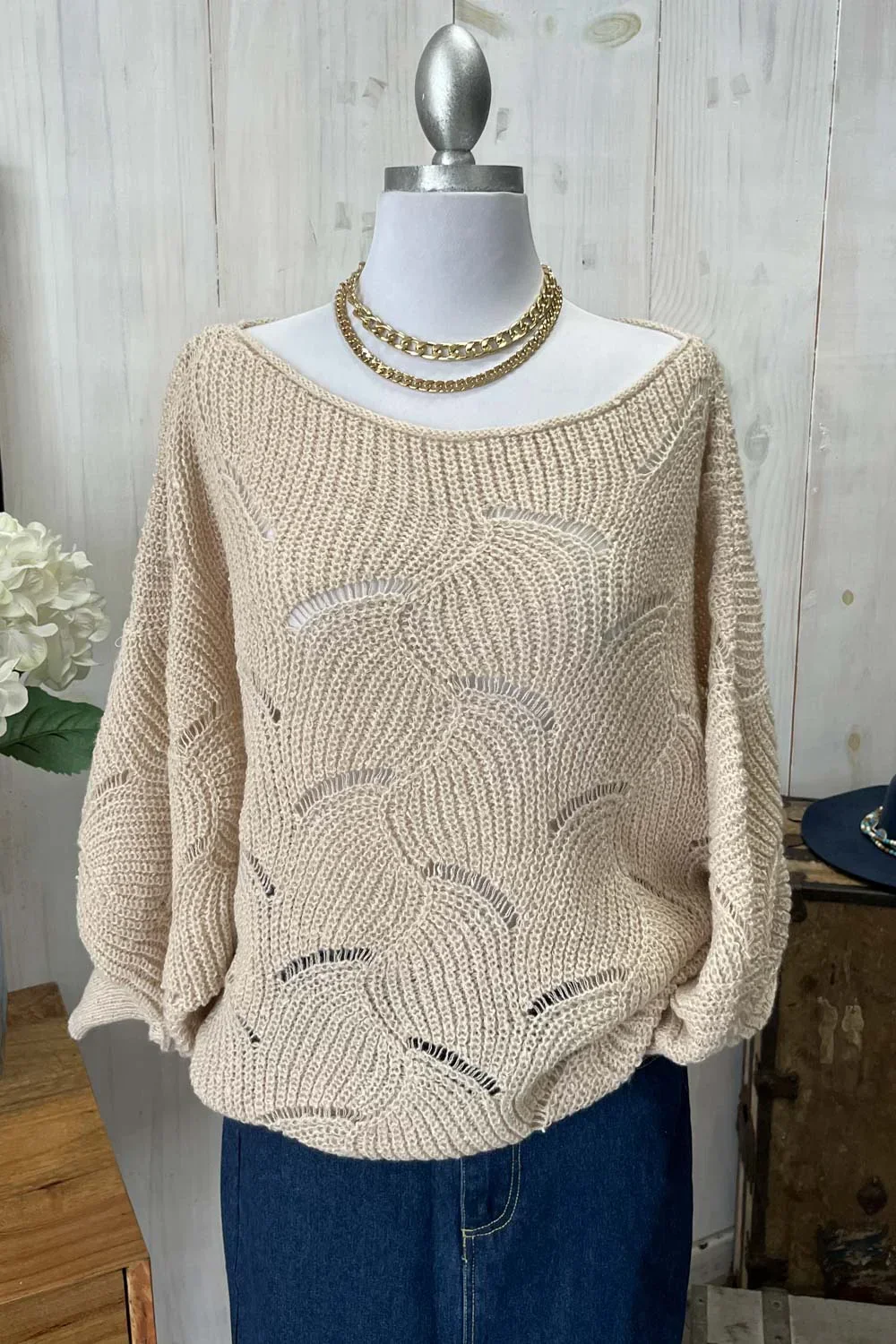 Cable Knit Boat Neck Oversized Pullover Cozy Sweater