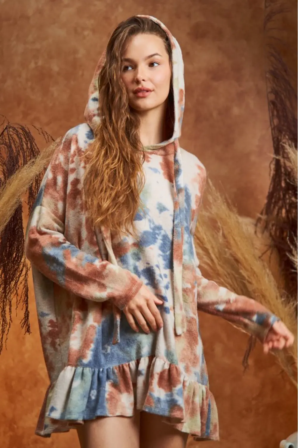 Plus Size Fluffy Tie Dye Hoodie with Ruffled Hem Loungewear Tunic