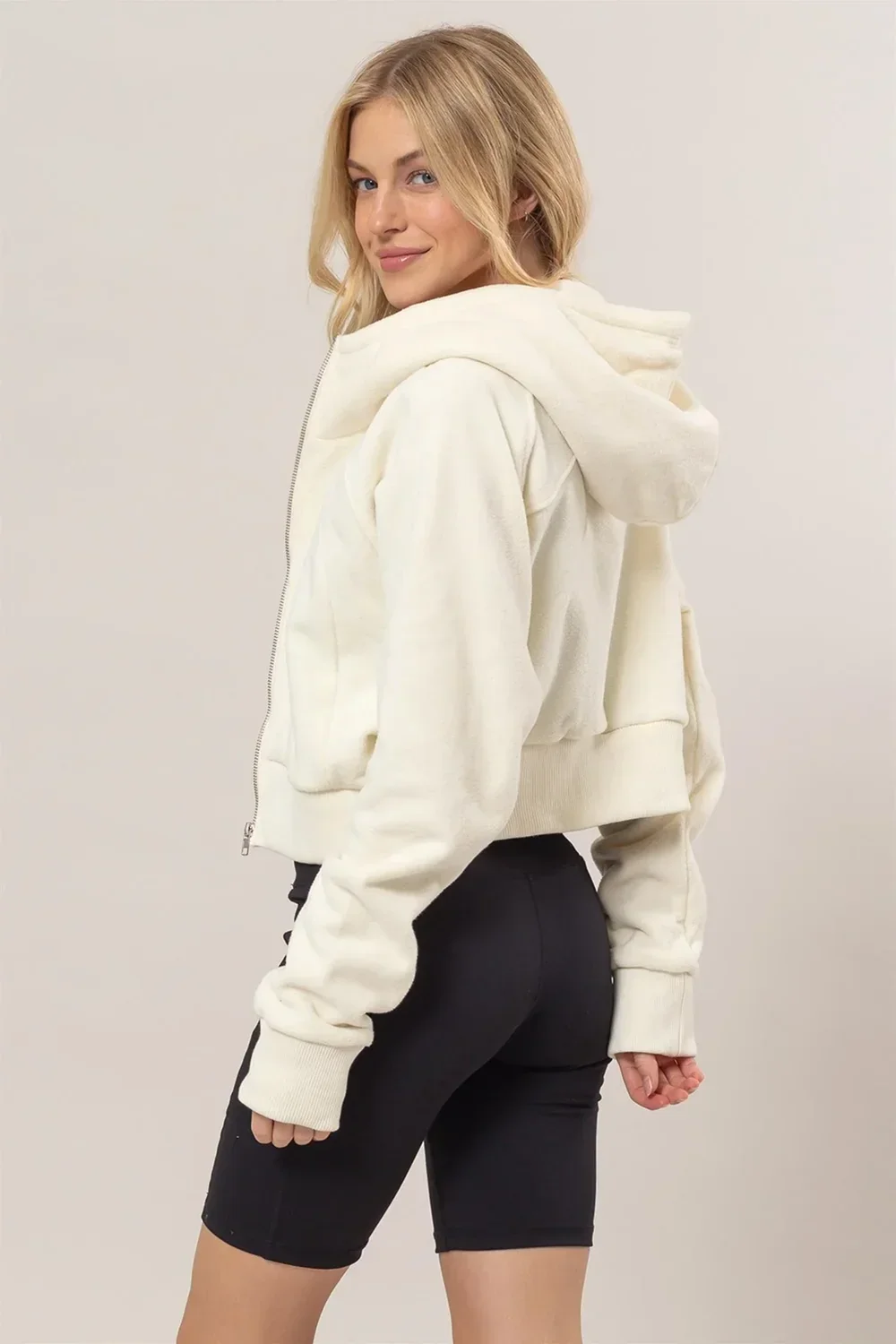 Cropped Zip Up Hooded Jacket Soft Fleece Brushed Scuba Hoodie