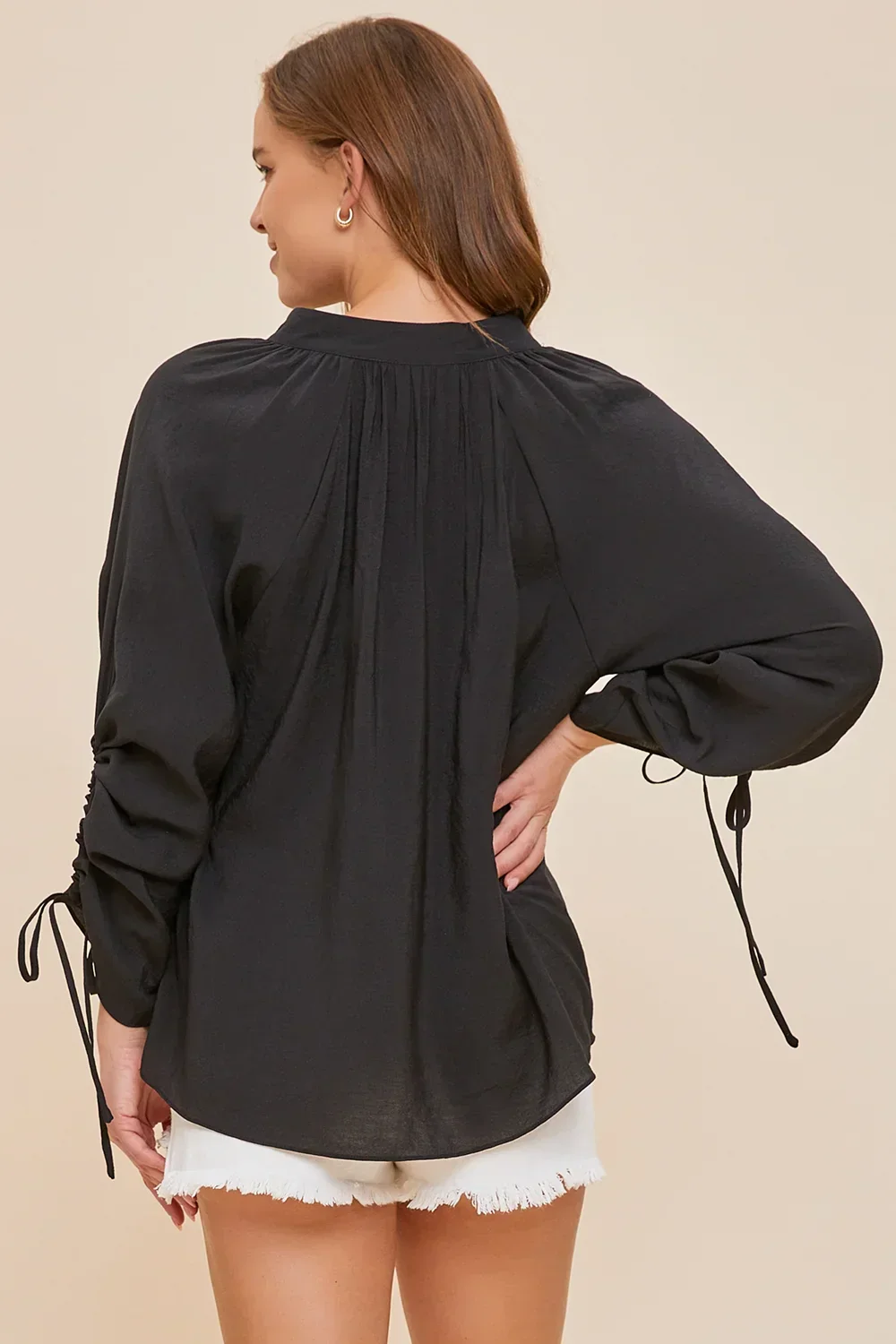 Midnight Romance Tie Long Sleeve Black Flowing V-Neck Blouse