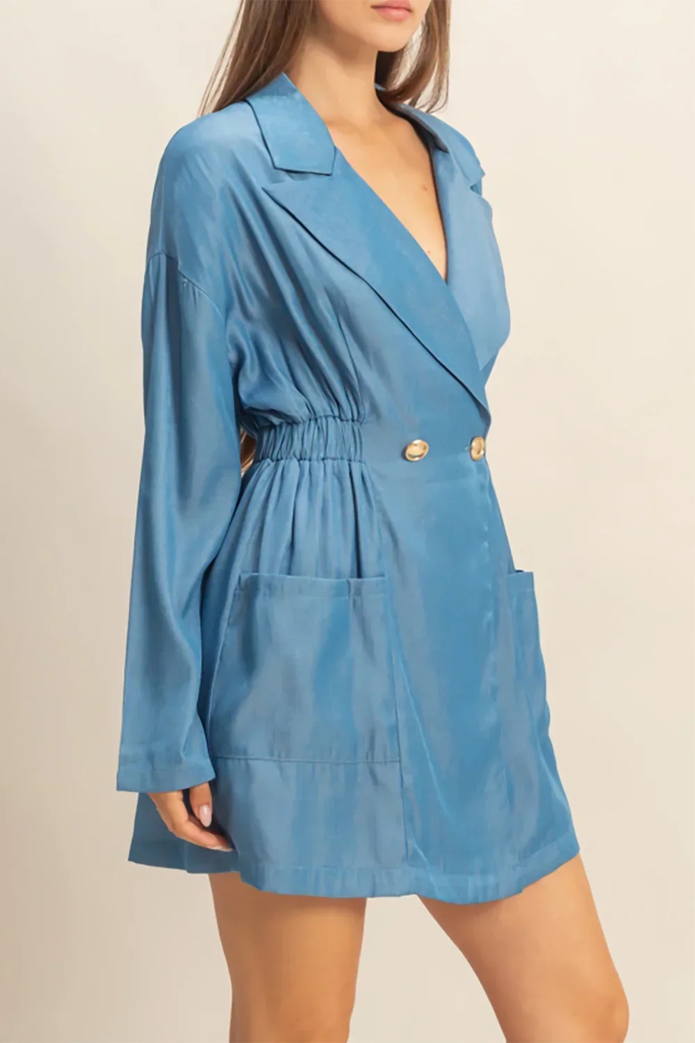 Long Sleeve Gold Button Ruched Waist Chambray Wrap Mini Shirt Dress
