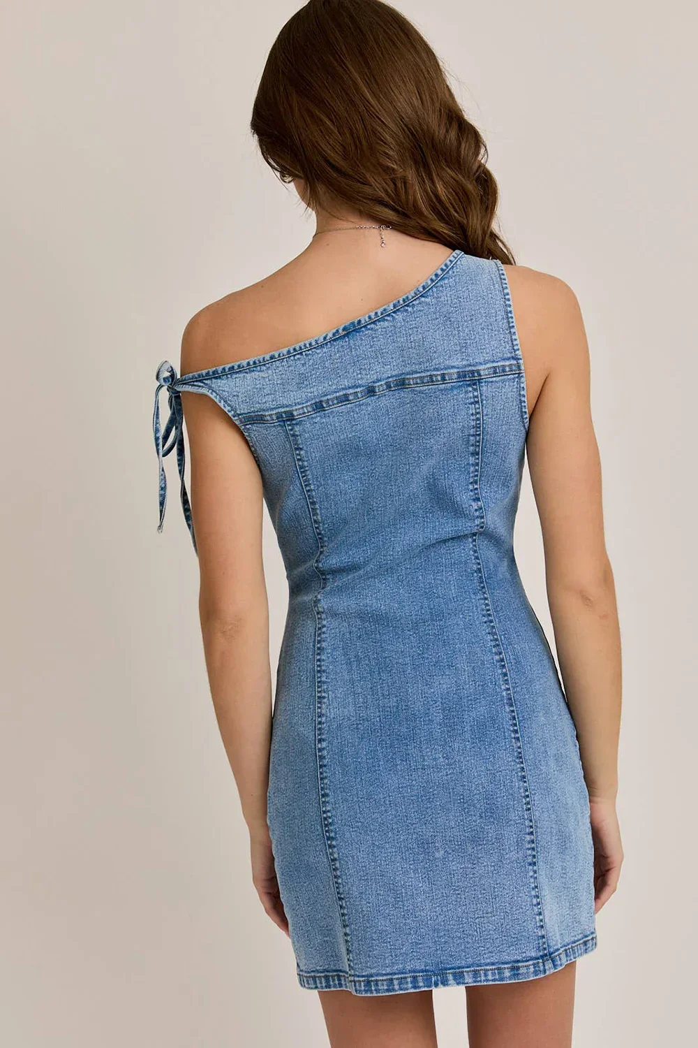Asymmetrical One-Shoulder Denim Contemporary Edgy Chic Mini Dress