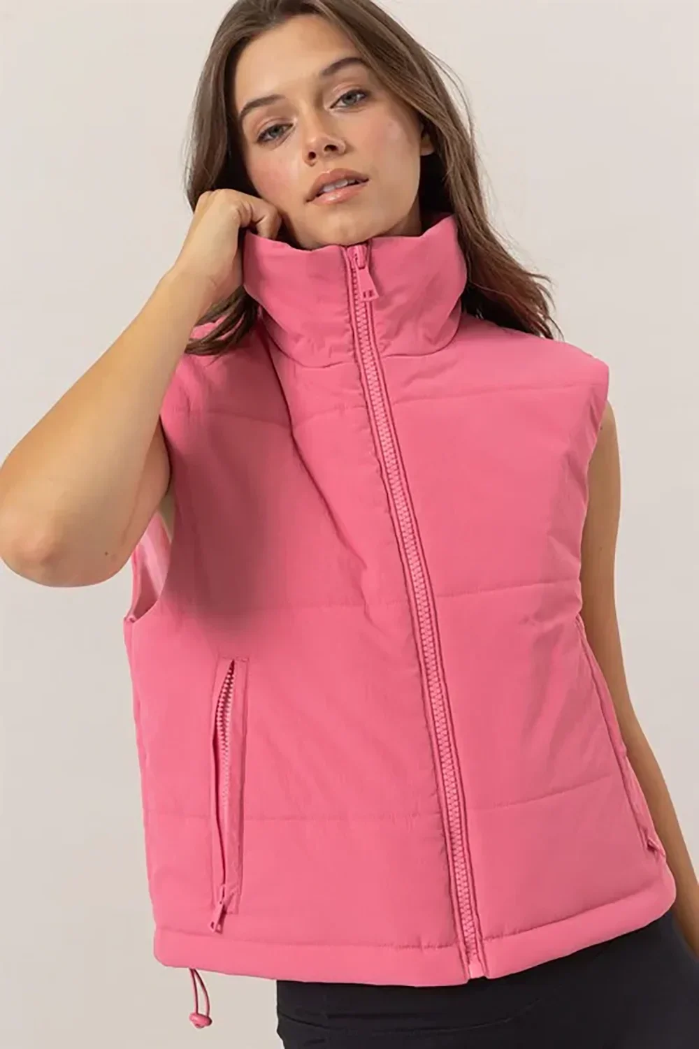 Lightweight Side Drawstring Front Pocket Neutral Puffer Quilted Vest
