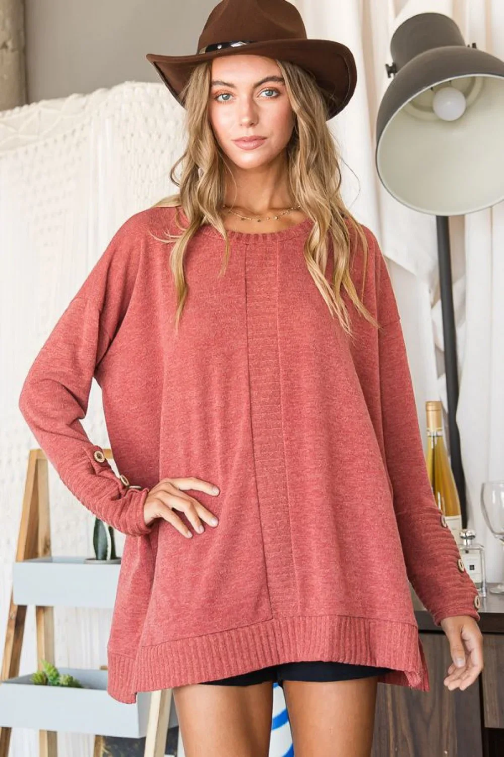 Plus Size Oversized Button Cuff Long Sleeve Tunic Sweater Top