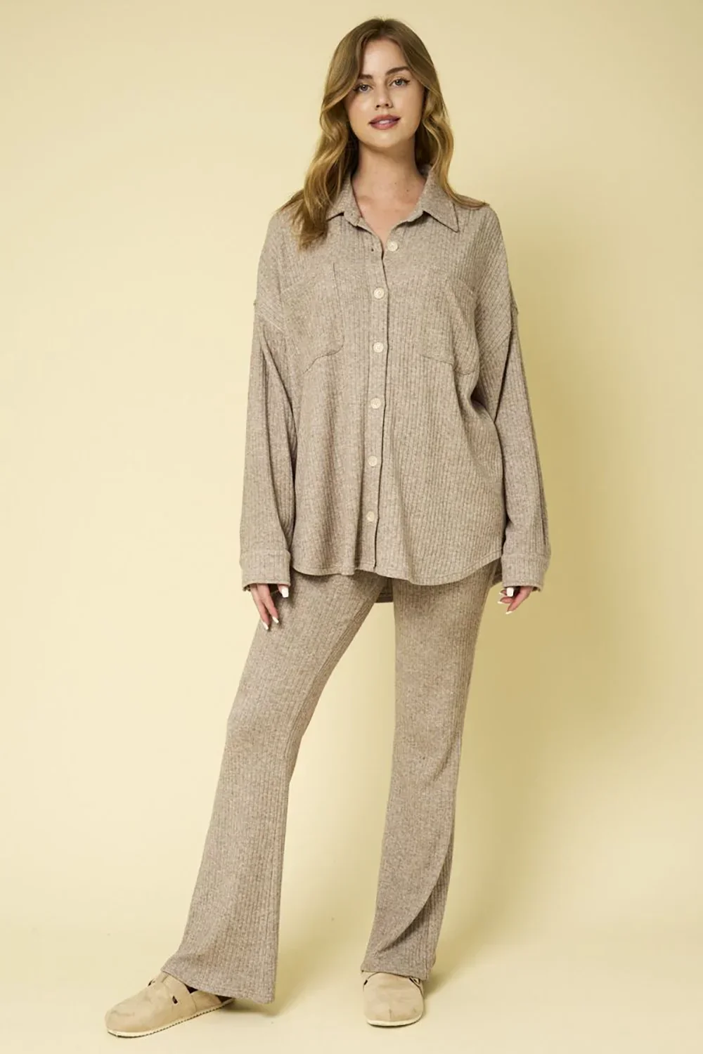 Taupe Ribbed Knit Button Front Shacket Flare Pants Lounge Set