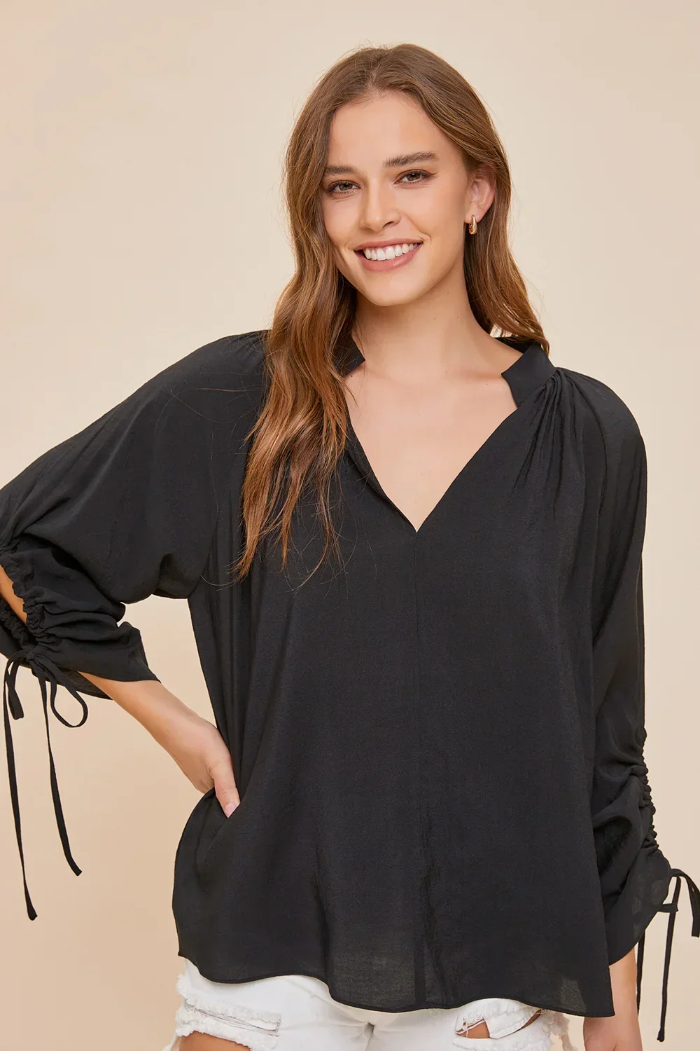 Midnight Romance Tie Long Sleeve Black Flowing V-Neck Blouse