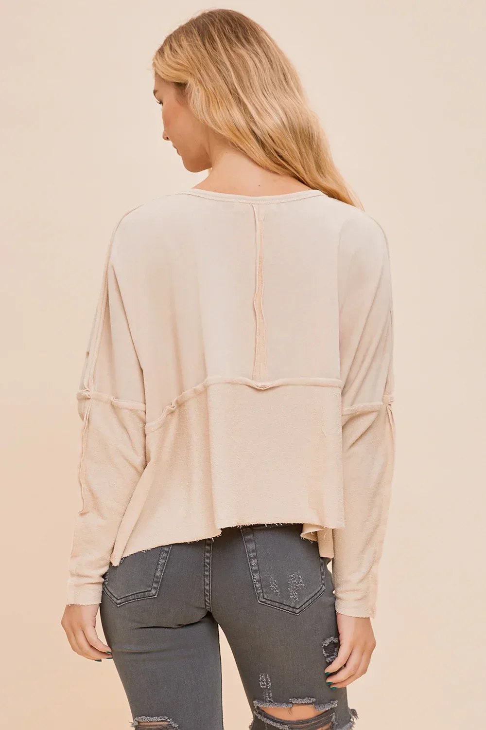 Boho Dreams Raw Edge Button Cream Oversized Sweatshirt Top